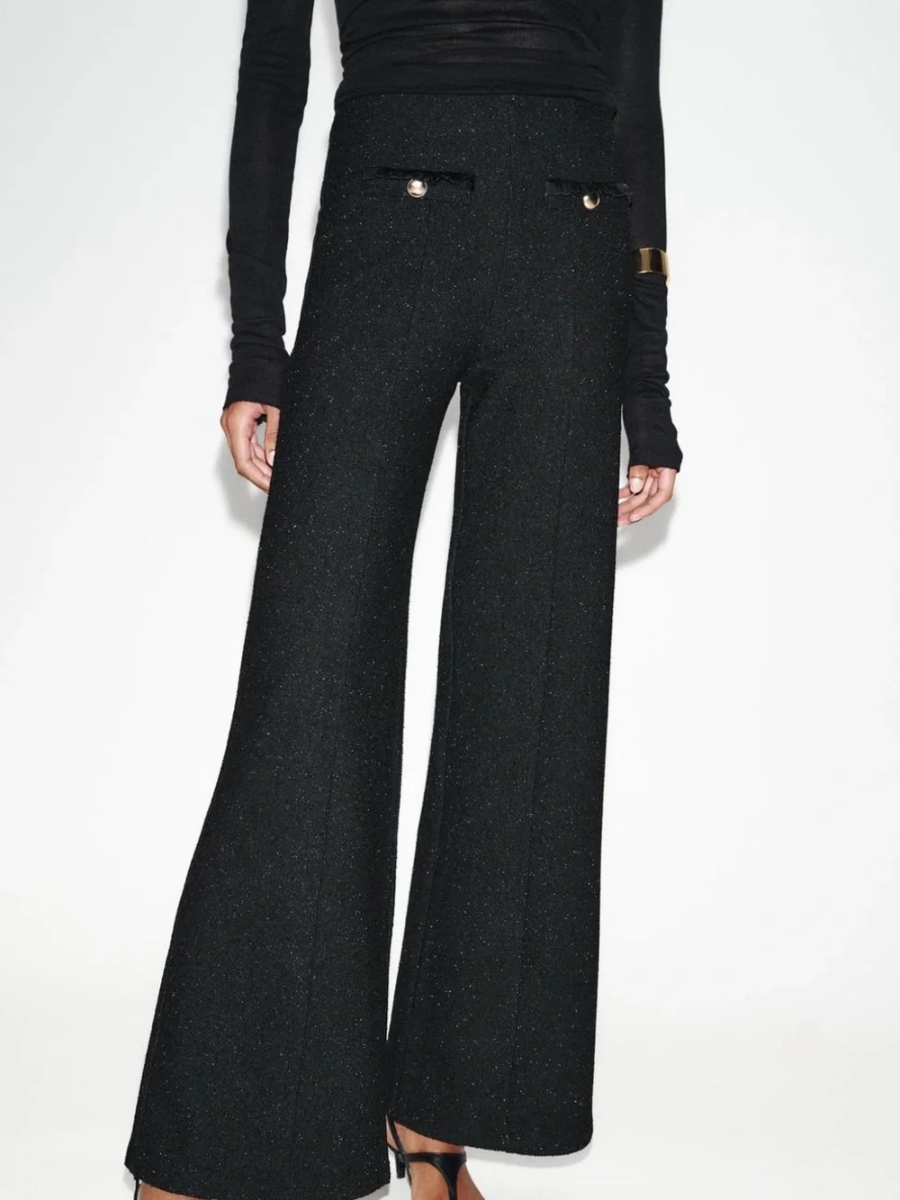 Zara NWT Black gold metallic thread Wide-Leg gold button Pants
